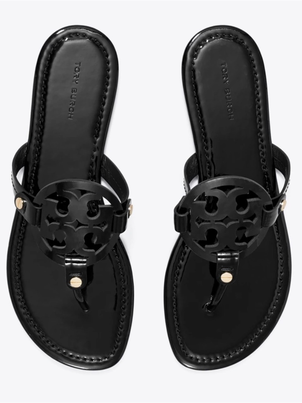 Tory Burch Miller Patent Sandal Black Logo Flat Sandals